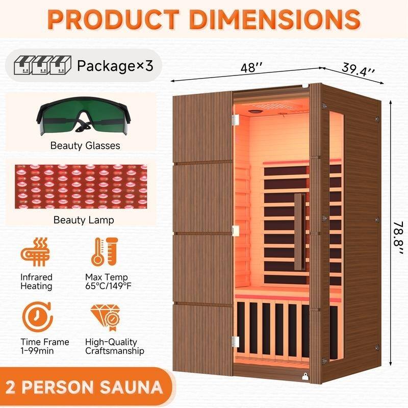 PRODUCT DIMENSIONS

- Package x3
- Beauty Glasses
- Beauty Lamp
- Infrared Heating
- Max Temp 65°C/149°F
- Time Frame 1-99min
- High-Quality Craftsmanship

2 PERSON SAUNA

Dimensions:
- 48" (width)
- 39.4" (height)
- 78.8" (depth)