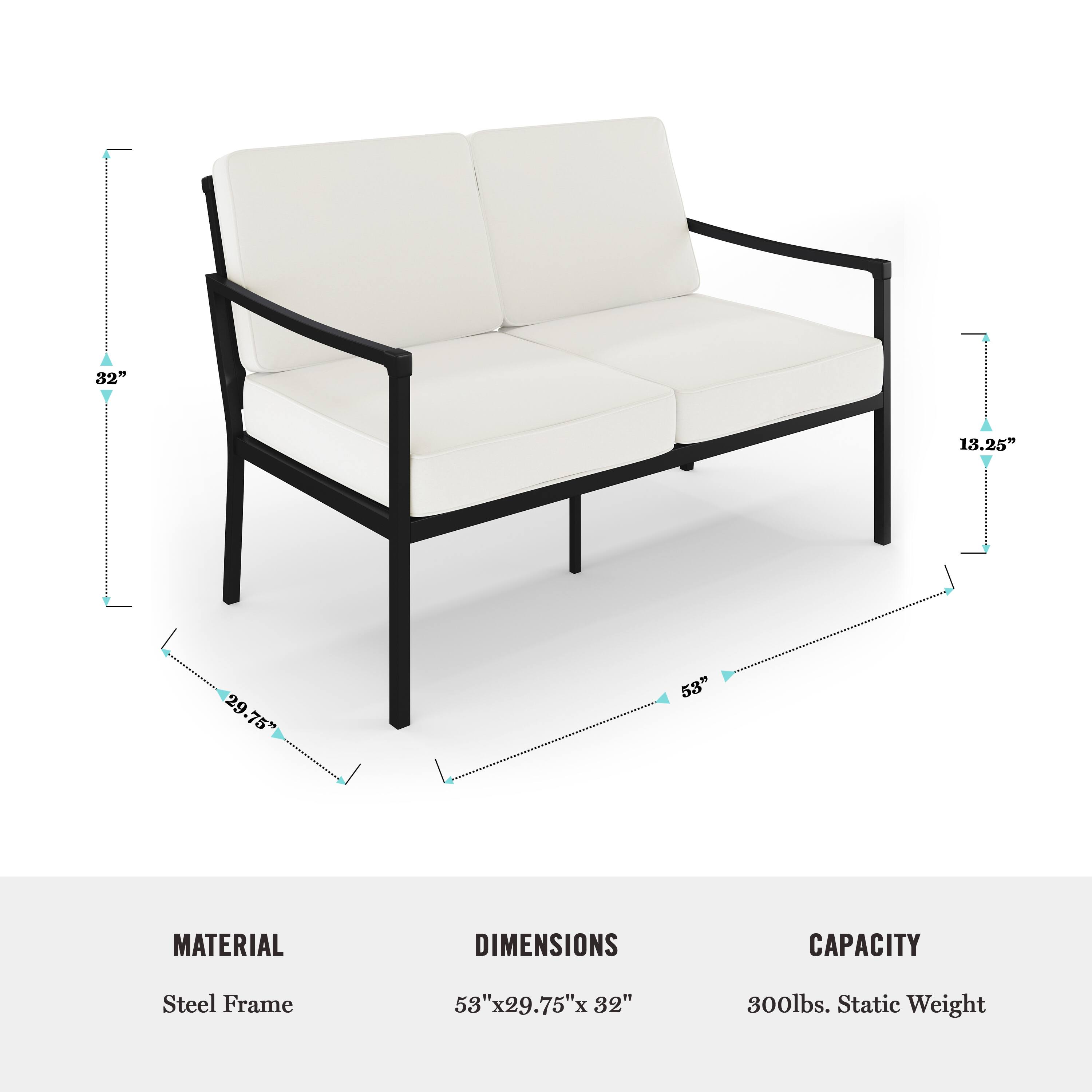 The text on the image is grouped and corrected as follows:

Material: Steel Frame
Dimensions: 53" x 29.75" x 32"
Capacity: 300lbs. Static Weight