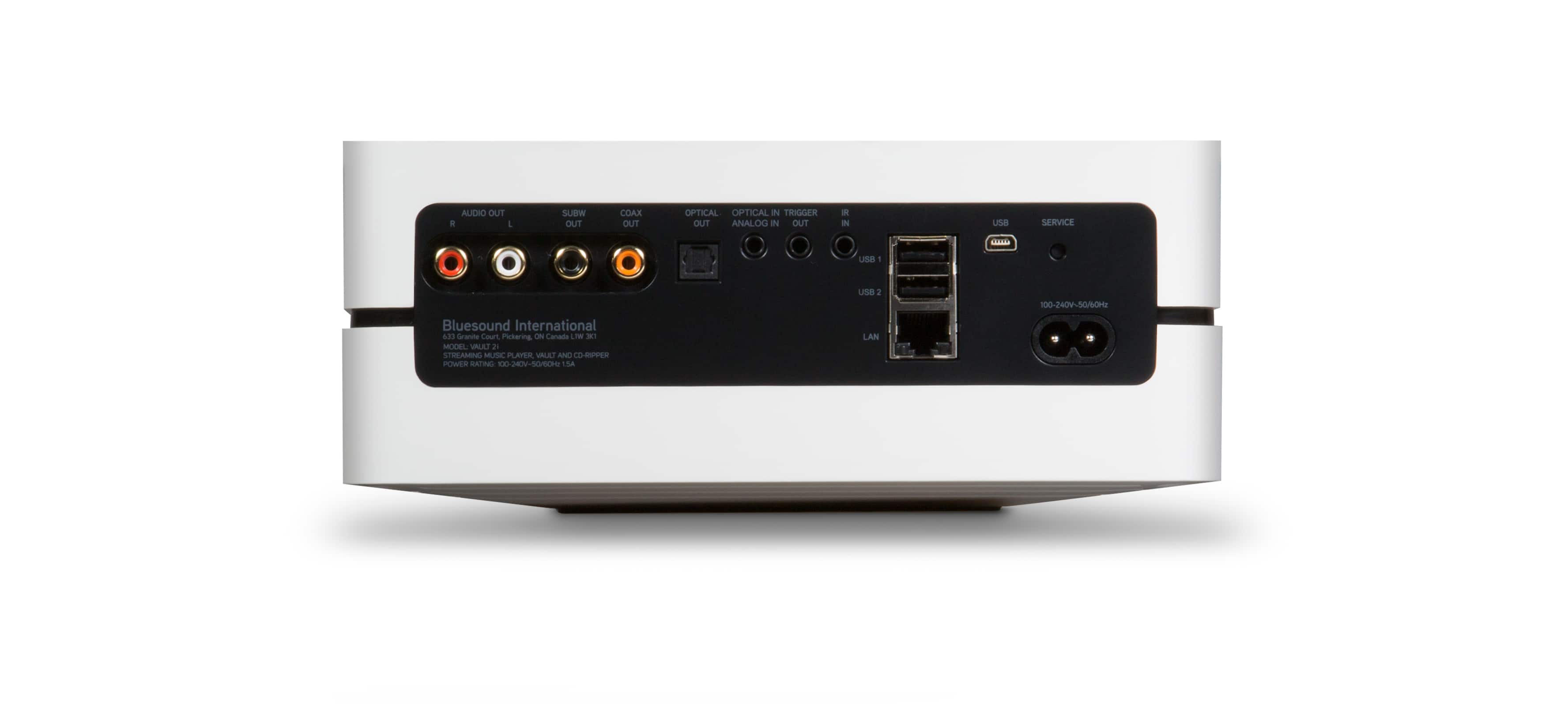 The text on the image reads:
ALDHO OUT . L SUBW OUT COAX OUT OPTICAL OPTICAL IN TRIGGER OUT ANALOG IN OUT USB SERVICE CA USB - usa 1 100-240V-50/OH Bluesound International 633 Granie Court Pictering ON Canada LTW 3T MODEL VALAT i STREAMING MUSIC PLAYER VINAI AND CORPVER POWER MATING 100 DNS S4 LAN