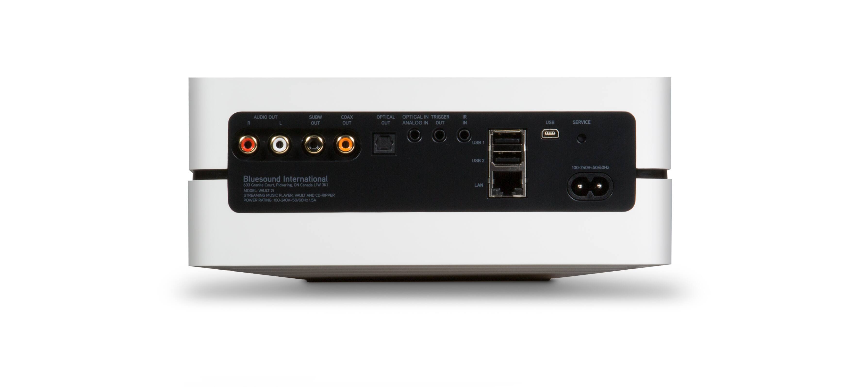 The text on the image reads:

ALDHO OUT . L SUBW OUT COAX OUT OPTICAL OPTICAL IN TRIGGER OUT ANALOG IN OUT USB SERVICE CA USB - usa 1 100-240V-50/OH Bluesound International 633 Granie Court Pictering ON Canada LTW 3T MODEL VALAT i STREAMING MUSIC PLAYER VINAI AND CORPVER POWER MATING 100 DNS S4 LAN