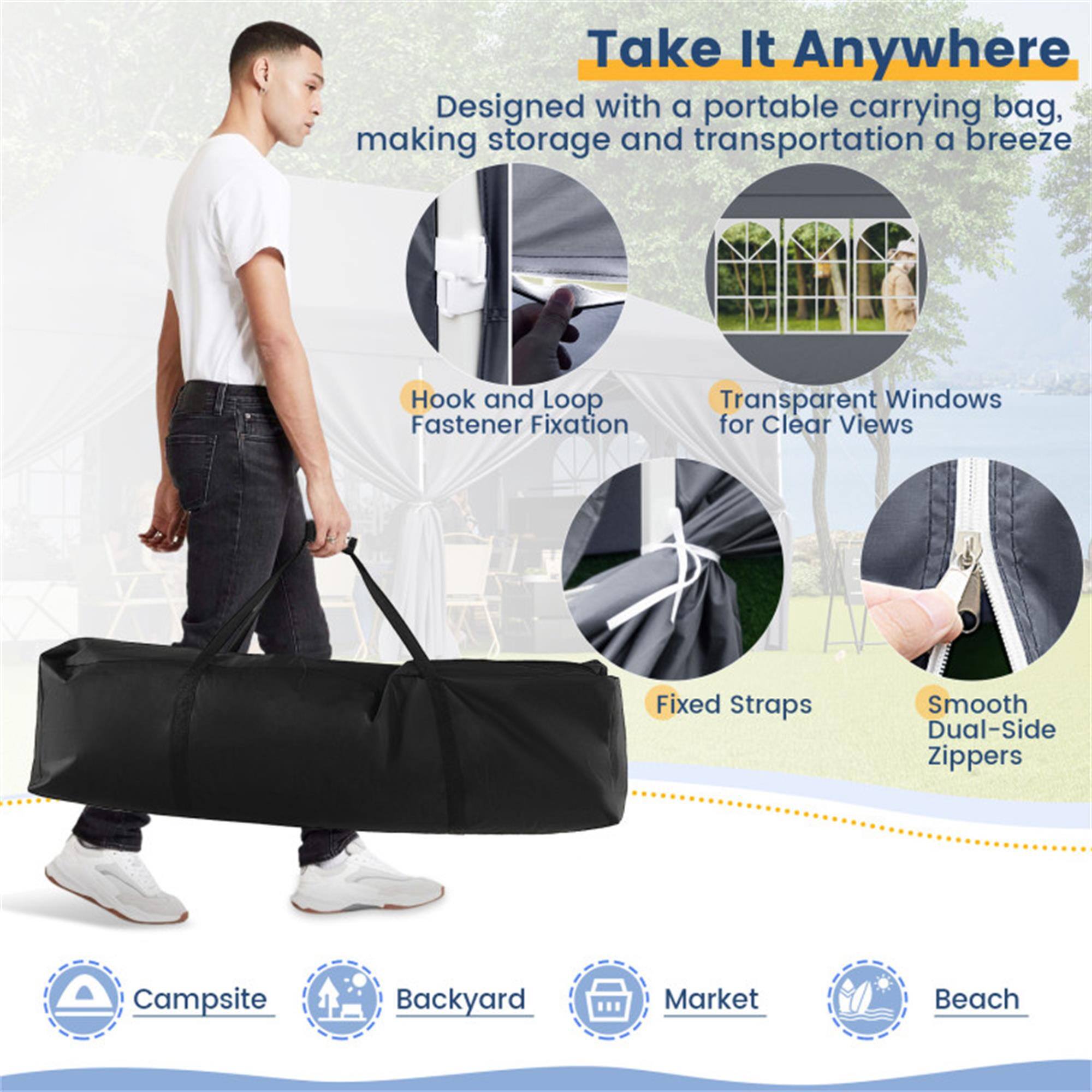 Take It Anywhere  
Designed with a portable carrying bag, making storage and transportation a breeze

- Hook and Loop Fastener Fixation
- Transparent Windows for Clear Views
- Fixed Straps
- Smooth Dual-Side Zippers

Campsites, Backyard, Market, Beach