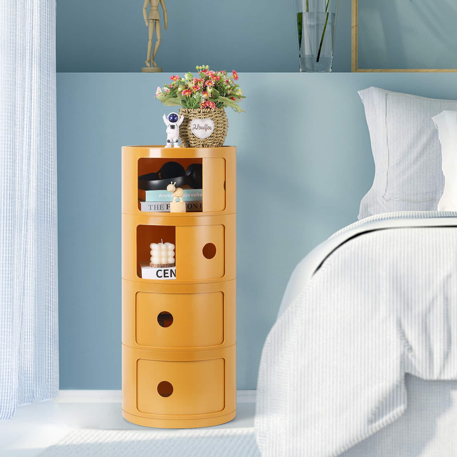 Oumilen - Modular Stackable Storage Cabinet - 4-Tier Rotating Drawer Unit for Bedroom and Living Room - Yellow