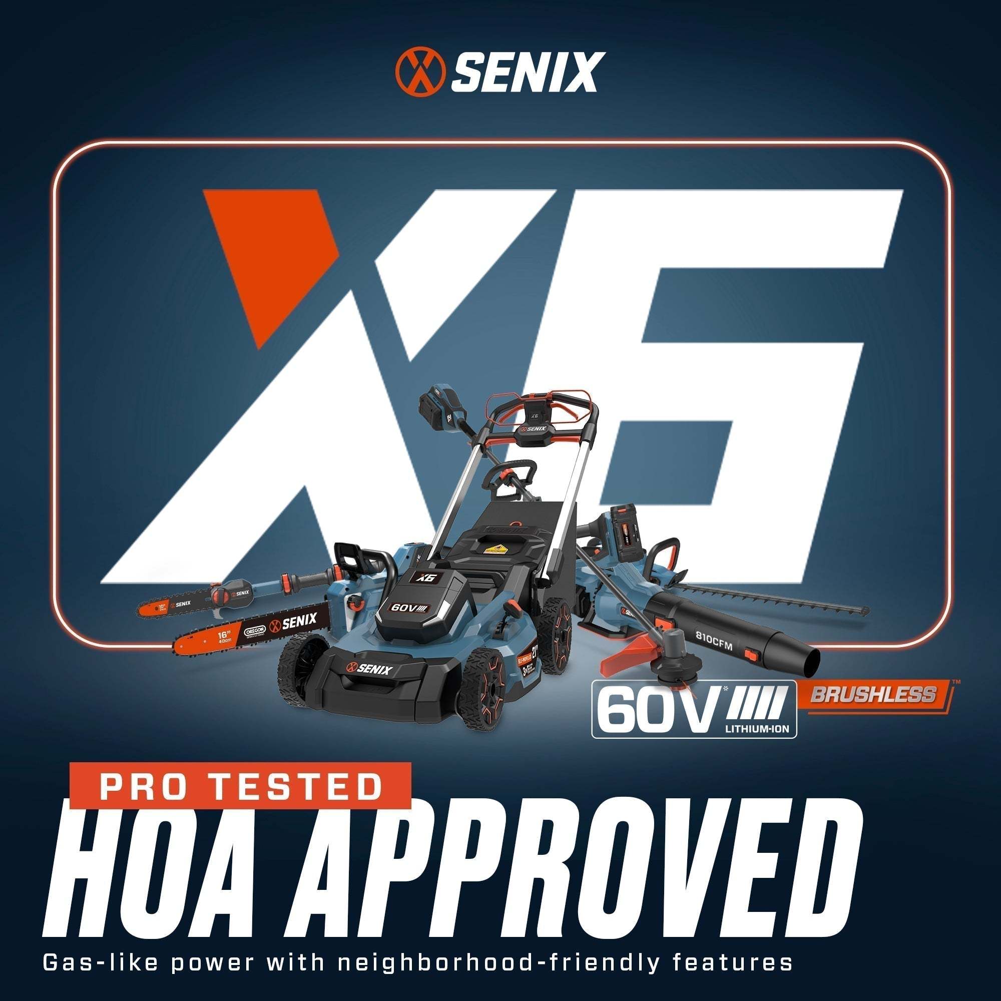 SENIX  
X5  
60V LITHIUM-ION  
BRUSHLESS  
PRO TESTED  
HOA APPROVED  
Gas-like power with neighborhood-friendly features