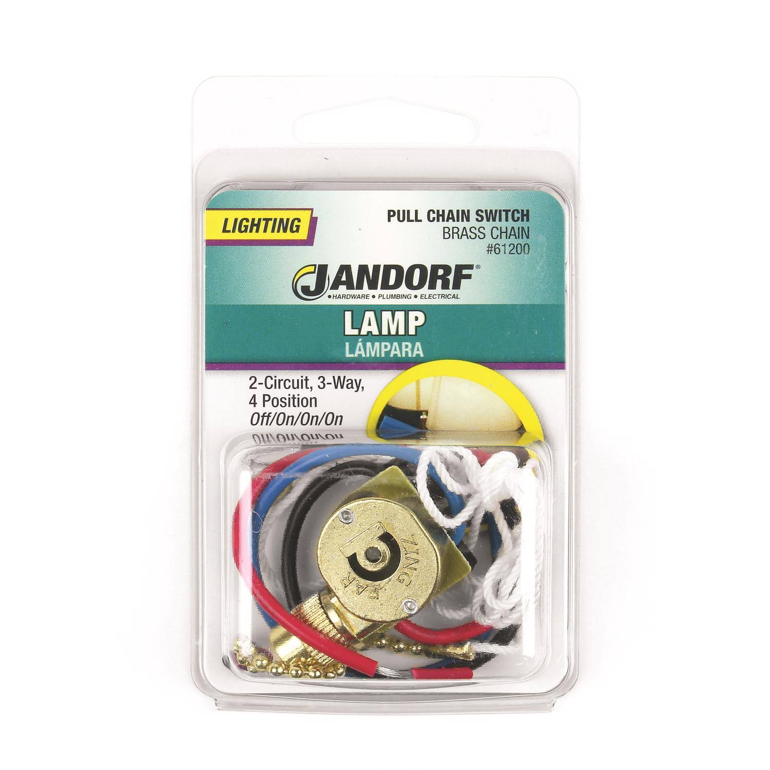 PULL CHAIN SWITCH LIGHTING BRASS CHAIN #61200  
JANDORF HARDWARE . PLUMBING ELECTRICAL  
LAMP LÁMPARA  
2-Circuit, 3-Way, 4 Position Off/On/On/On