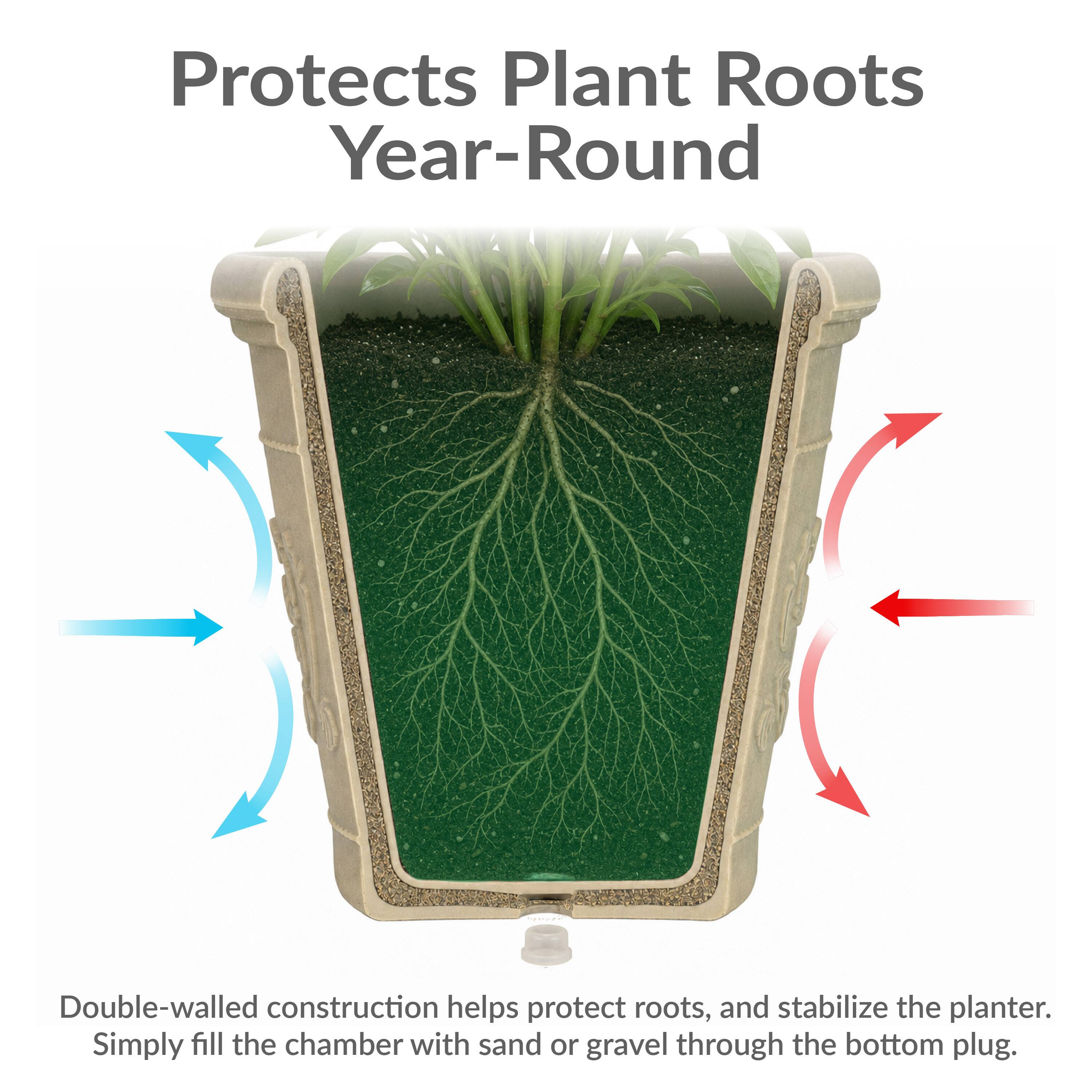 Protects Plant Roots Year-Round

Double-walled construction helps protect roots, and stabilize the planter. Simply fill the chamber with sand or gravel through the bottom plug.