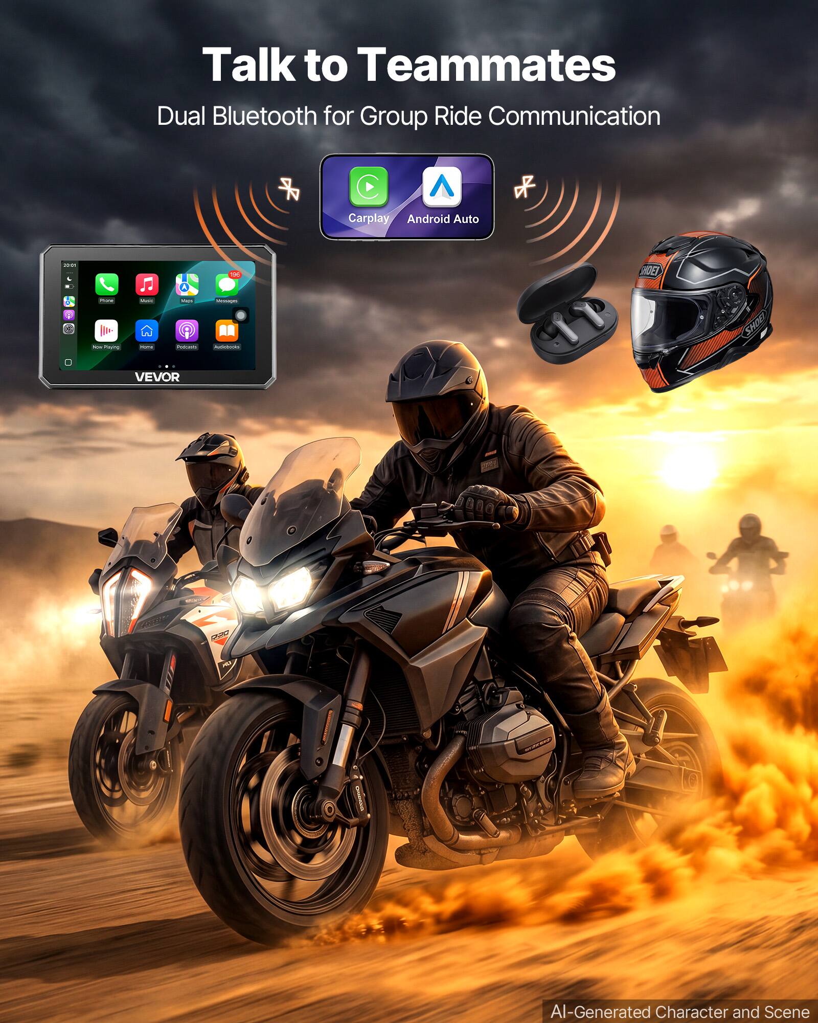 Talk to Teammates  
Dual Bluetooth for Group Ride Communication  
Carplay Android Auto  

201  
TDC  
HOEI  
PLACE  
Metif  
Ways  

100 ing  
PUPU  
Podcasis  

VEVOR  
AI-Generated Character and Scene