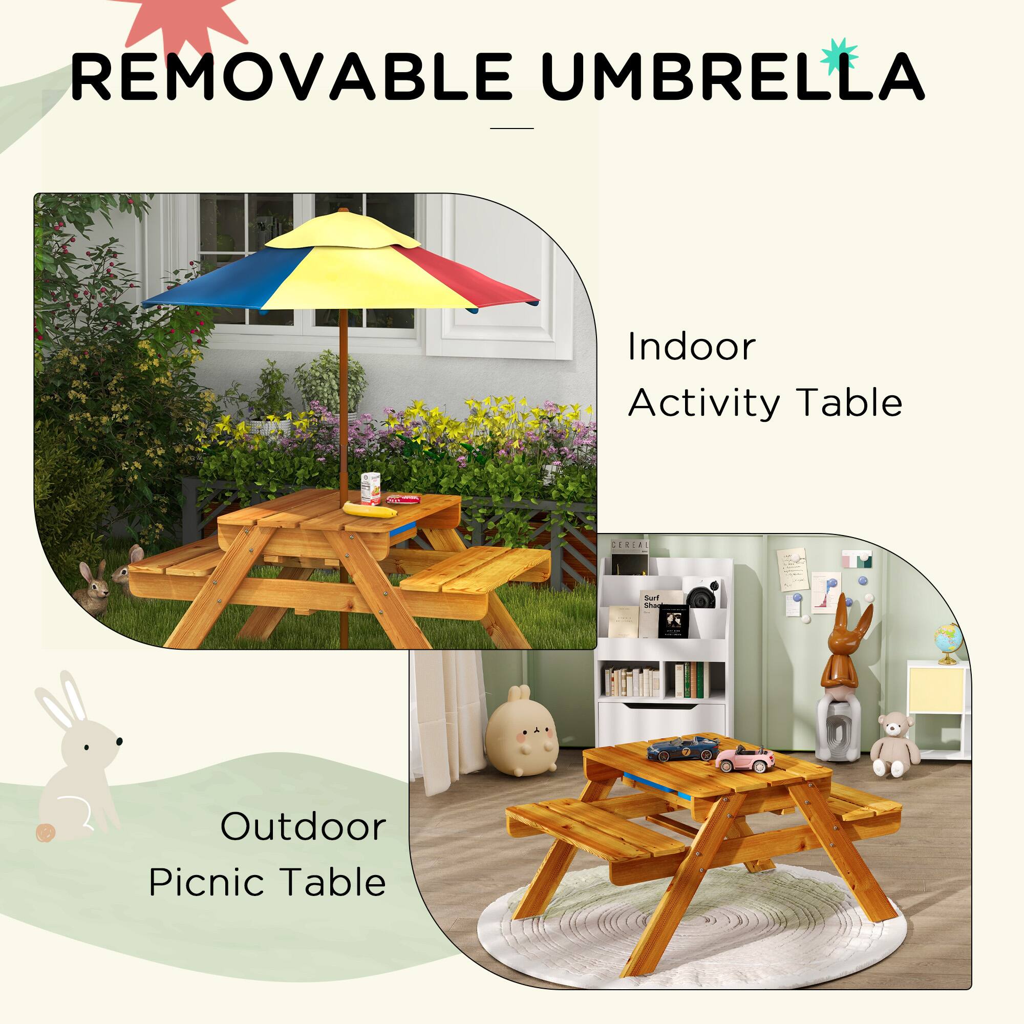 REMOVABLE UMBRELLA

Indoor Activity Table

Outdoor Picnic Table
