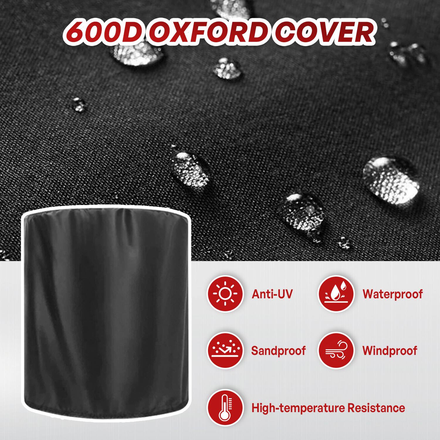 600D OXFORD COVER

- Anti-UV
- Waterproof
- Sandproof
- Windproof
- High-temperature Resistance