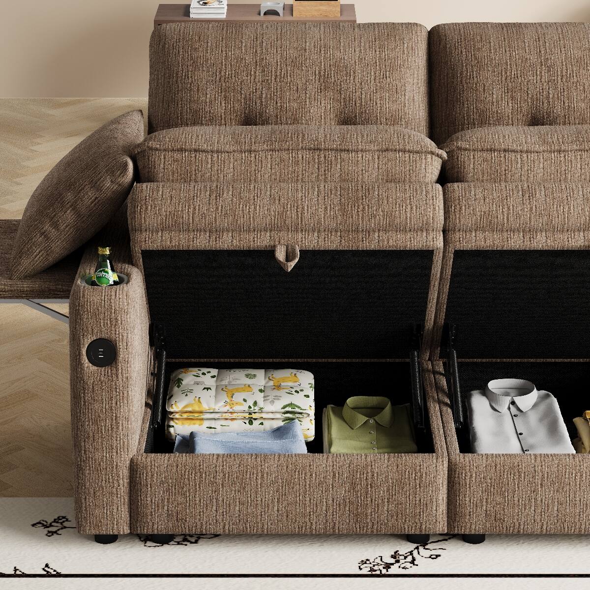 Alt View 2. Ropilly - Ropilly 89 Inch 3 Seater Sofa, Chenille Cloud Sofa with Storage Sofa with USB Ports, Coffee - Coffee.