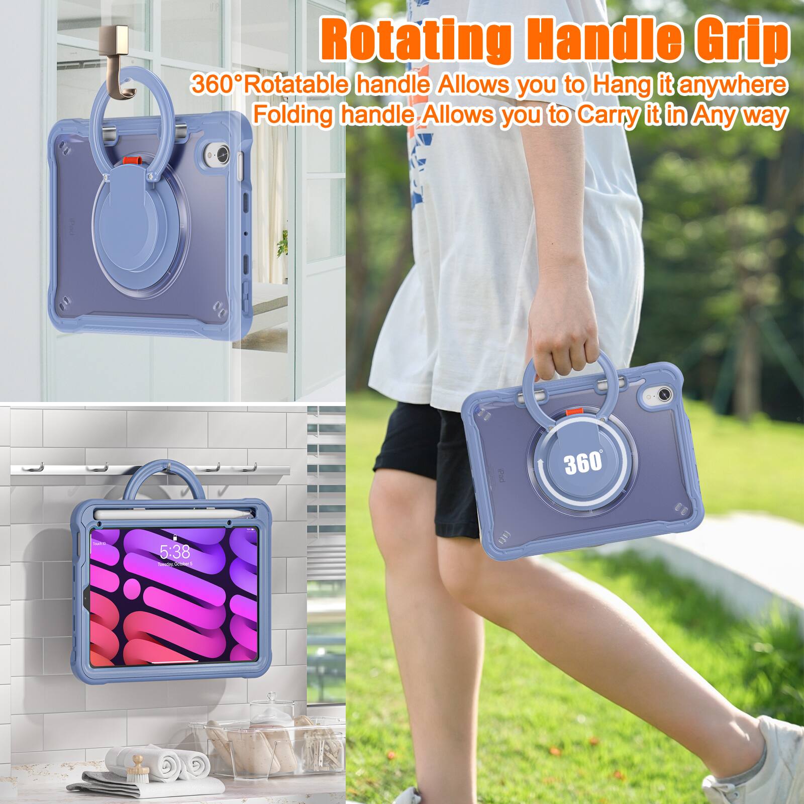 Rotating Handle Grip  
360° Rotatable handle Allows you to Hang it anywhere  
Folding handle Allows you to Carry it in Any way