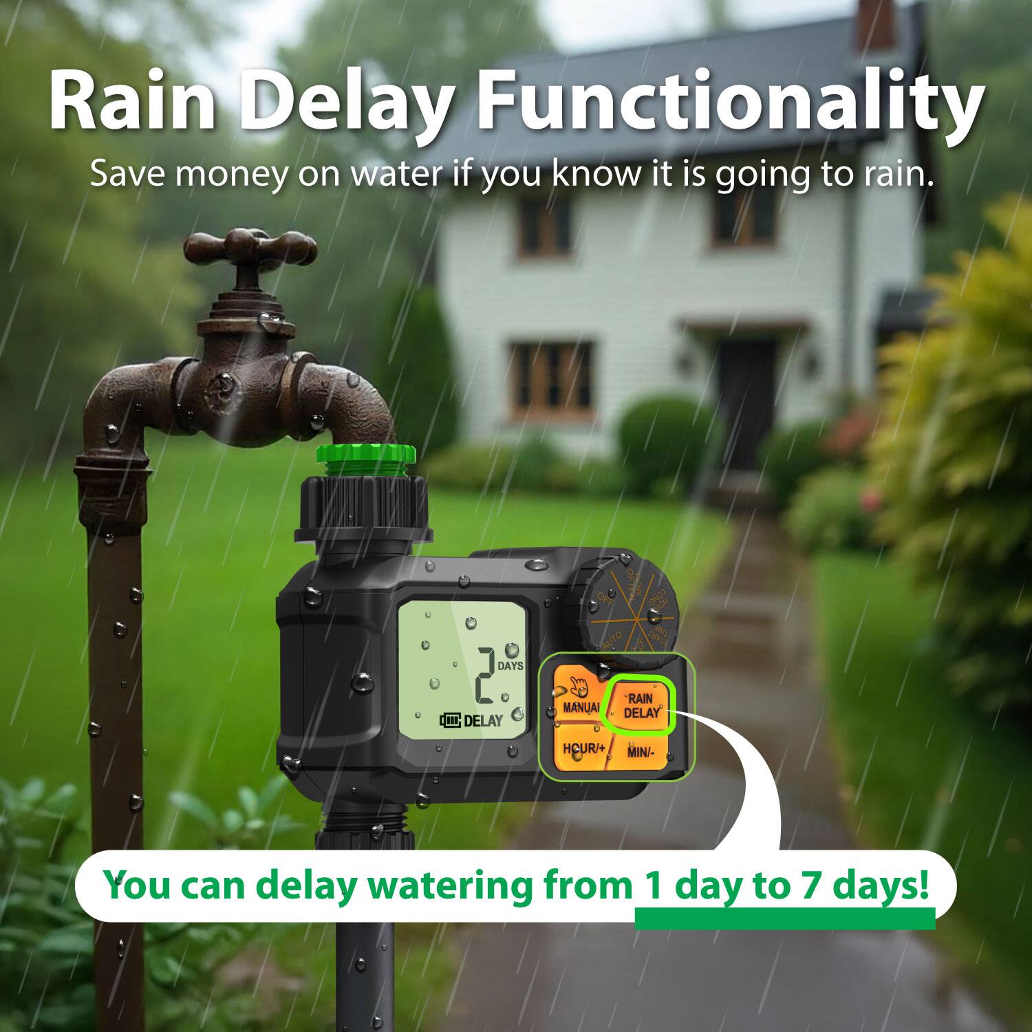 Rain Delay Functionality  
Save money on water if you know it is going to rain.  

You can delay watering from 1 day to 7 days!