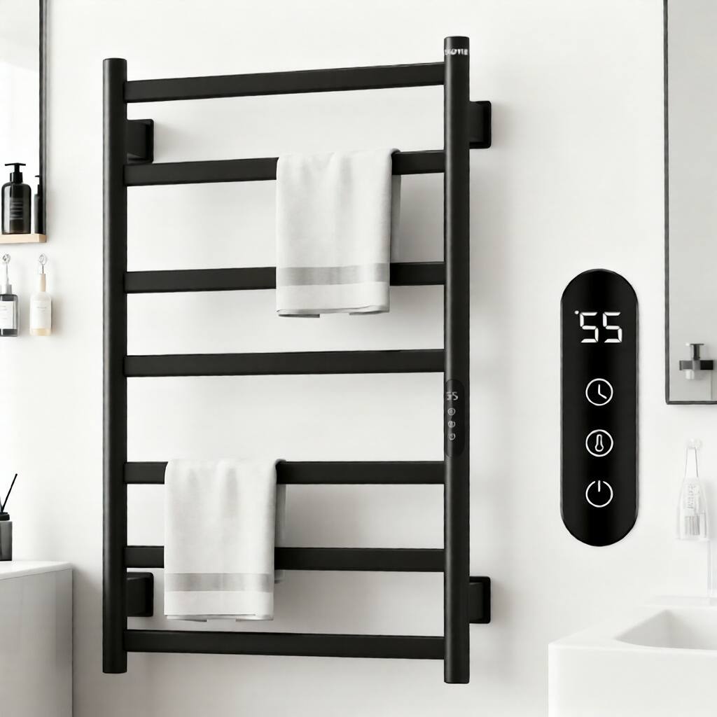 Alt View 3. COWLOWN - 7-Bar Electric Heated Towel Rack for Bathroom 150w 800x500mm Wall Mounted w Touch Timer Temp Control - Stainless Steel Finish (Silver).