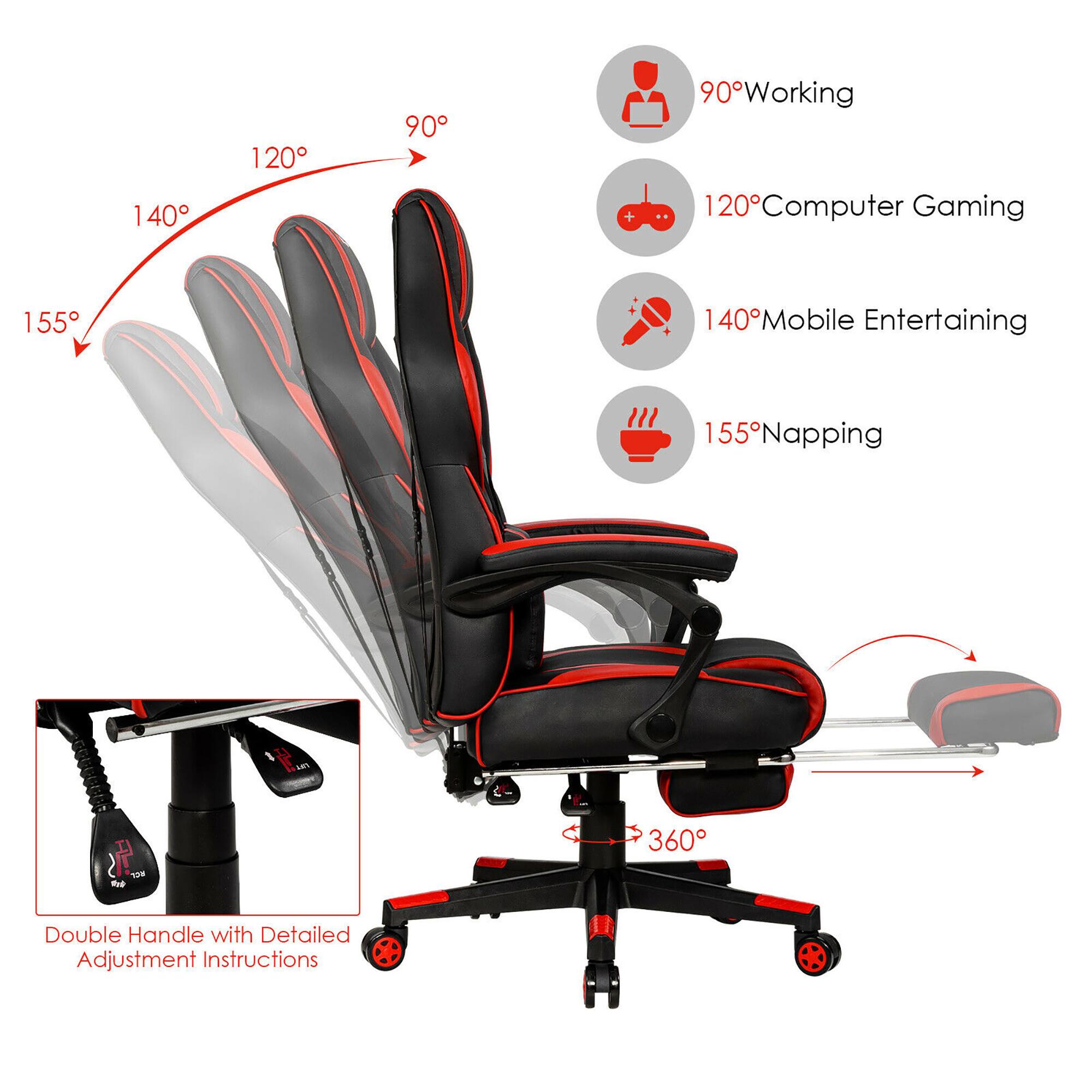 The text on the image is grouped and corrected as follows:
140 120 90 90 Working 120 Computer Gaming 155 140 Mobile Entertaining 155 Napping Pg-360 Double Handle with Detailed Adjustment Instructions