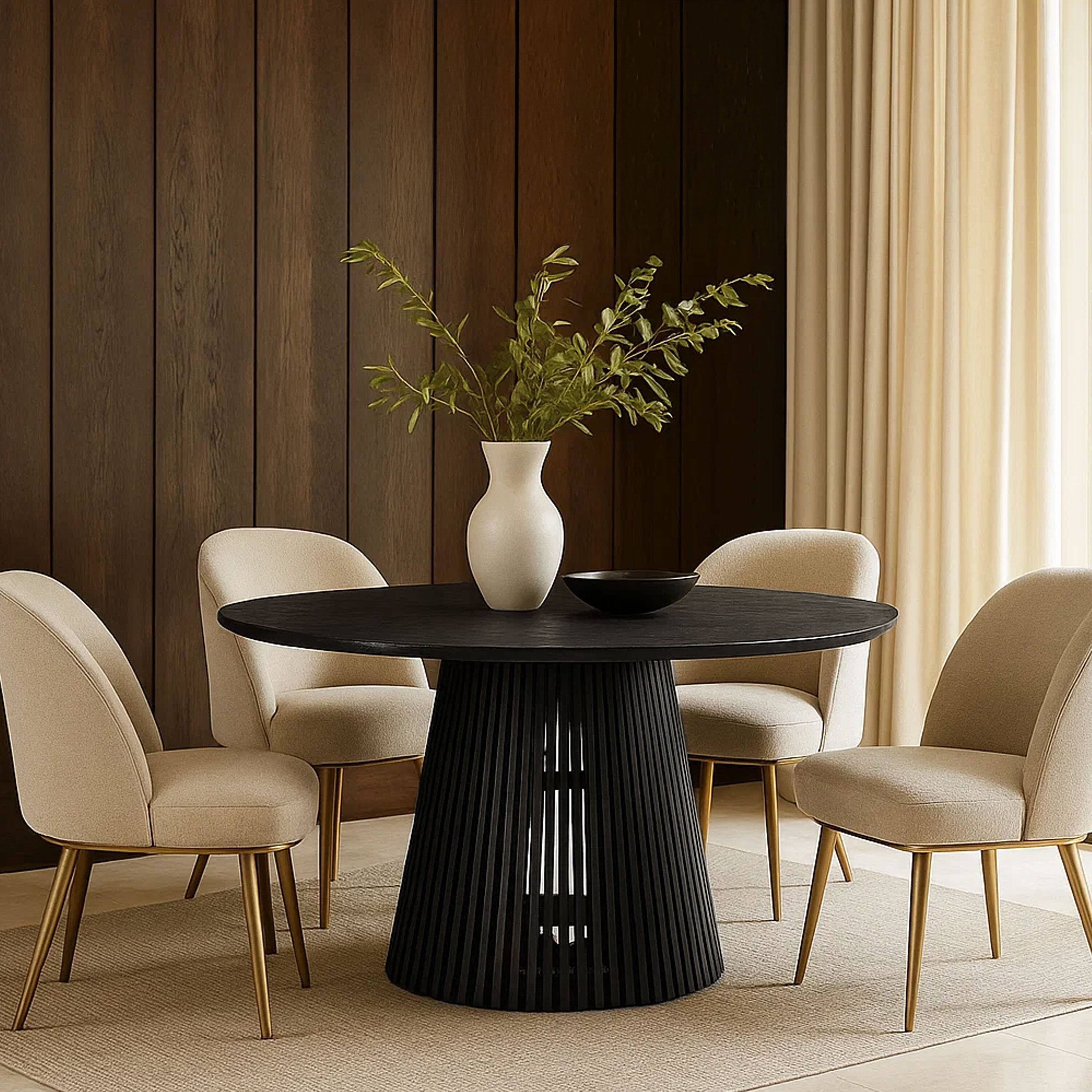 Alt View 6. Manhattan Lane - Ridge 47 Inch Handcrafted Mango Wood Round Dining Table, Slatted Flared Base - Black.