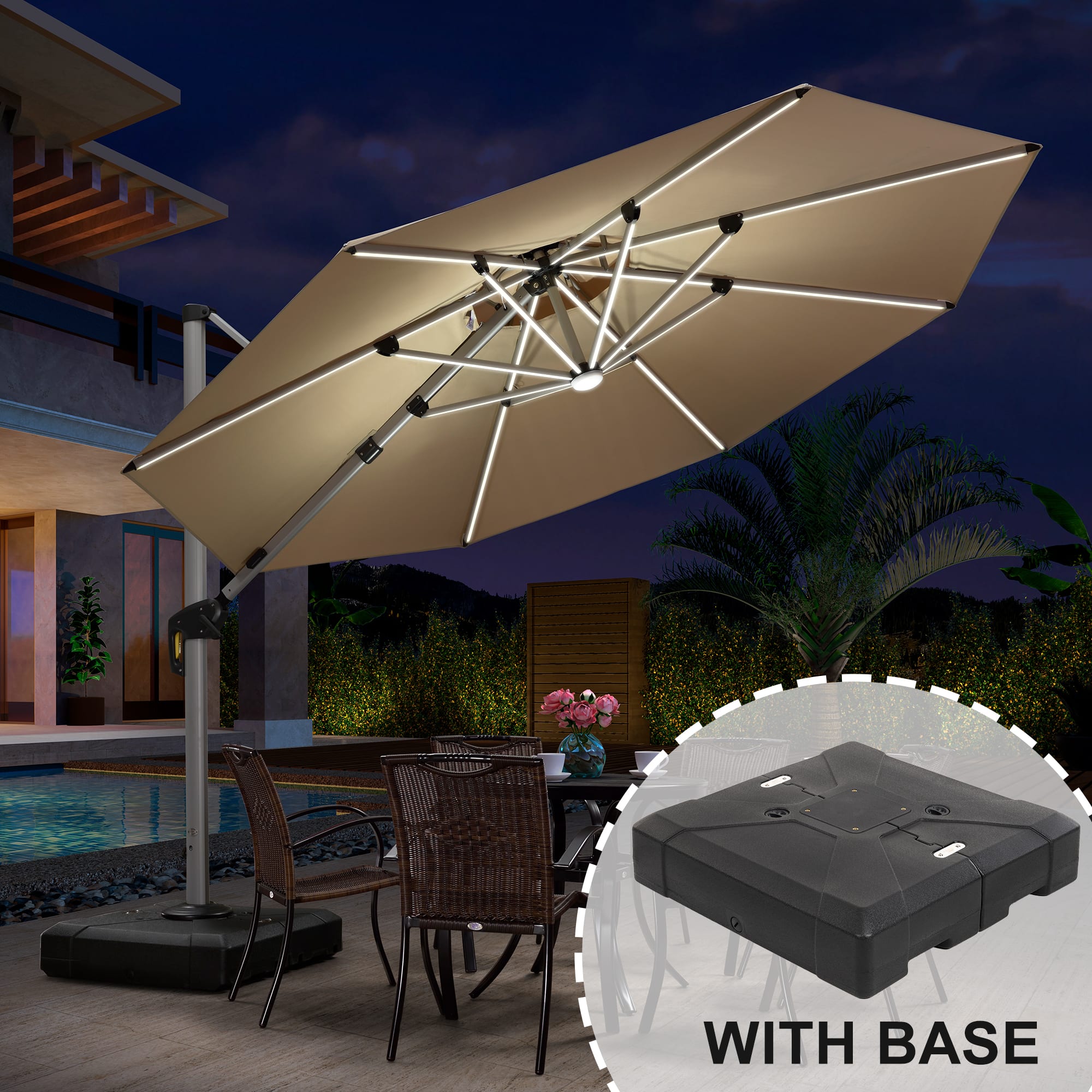 PURPLE LEAF - 11 ft. Patio Octagon Aluminum Solar Powered LED Cantilever Outdoor Offset Umbrella with Base for Garden Deck Pool - Beige