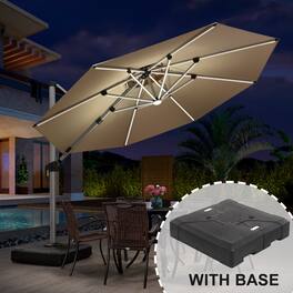 PURPLE LEAF - 11 ft. Patio Octagon Aluminum Solar Powered LED Cantilever Outdoor Offset Umbrella with Base for Garden Deck Pool - Beige