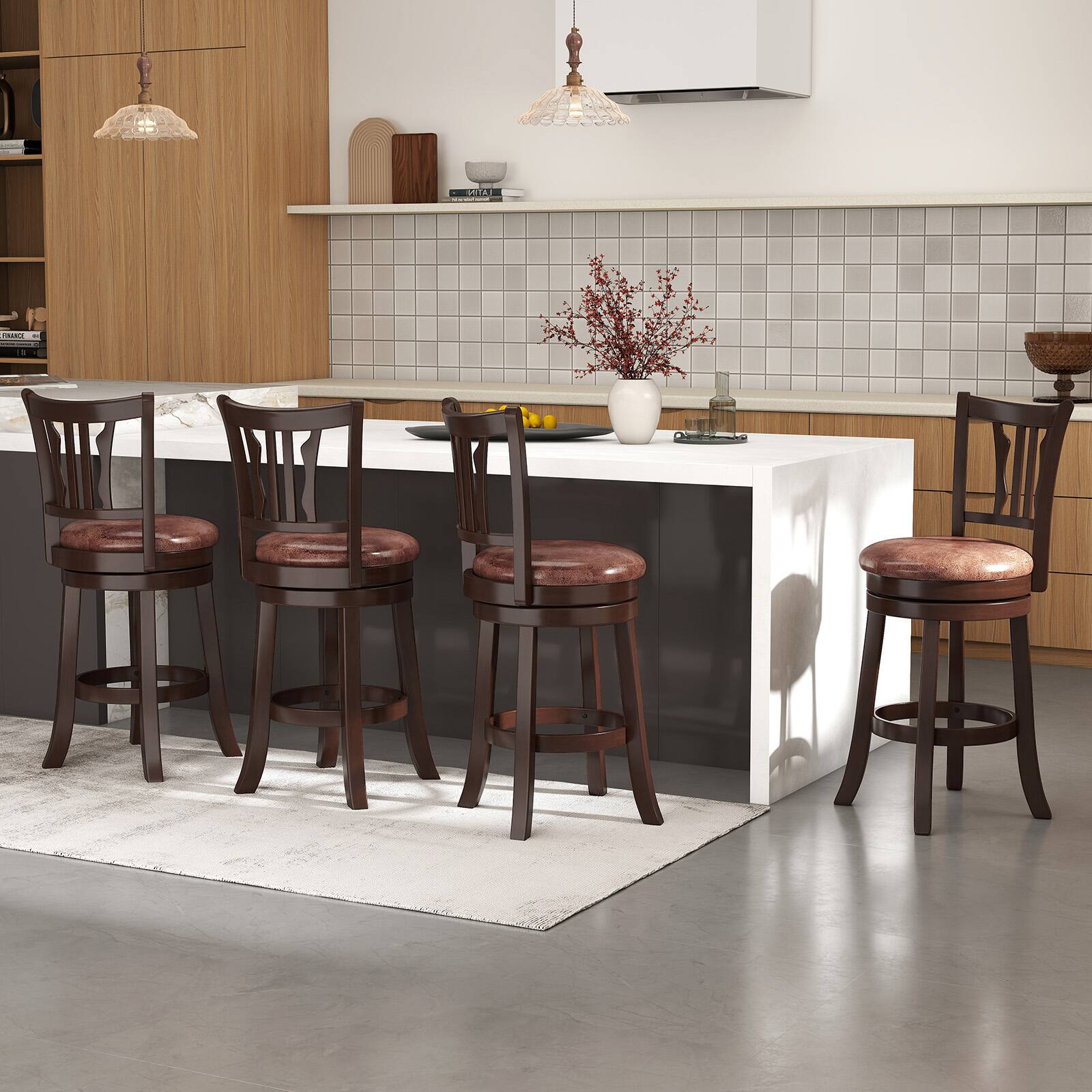 Alt View 4. Gymax - Gymax 26'' Counter Height Swivel Bar Stools Set of 4 w/Back & Faux Leather Seat - Brown.