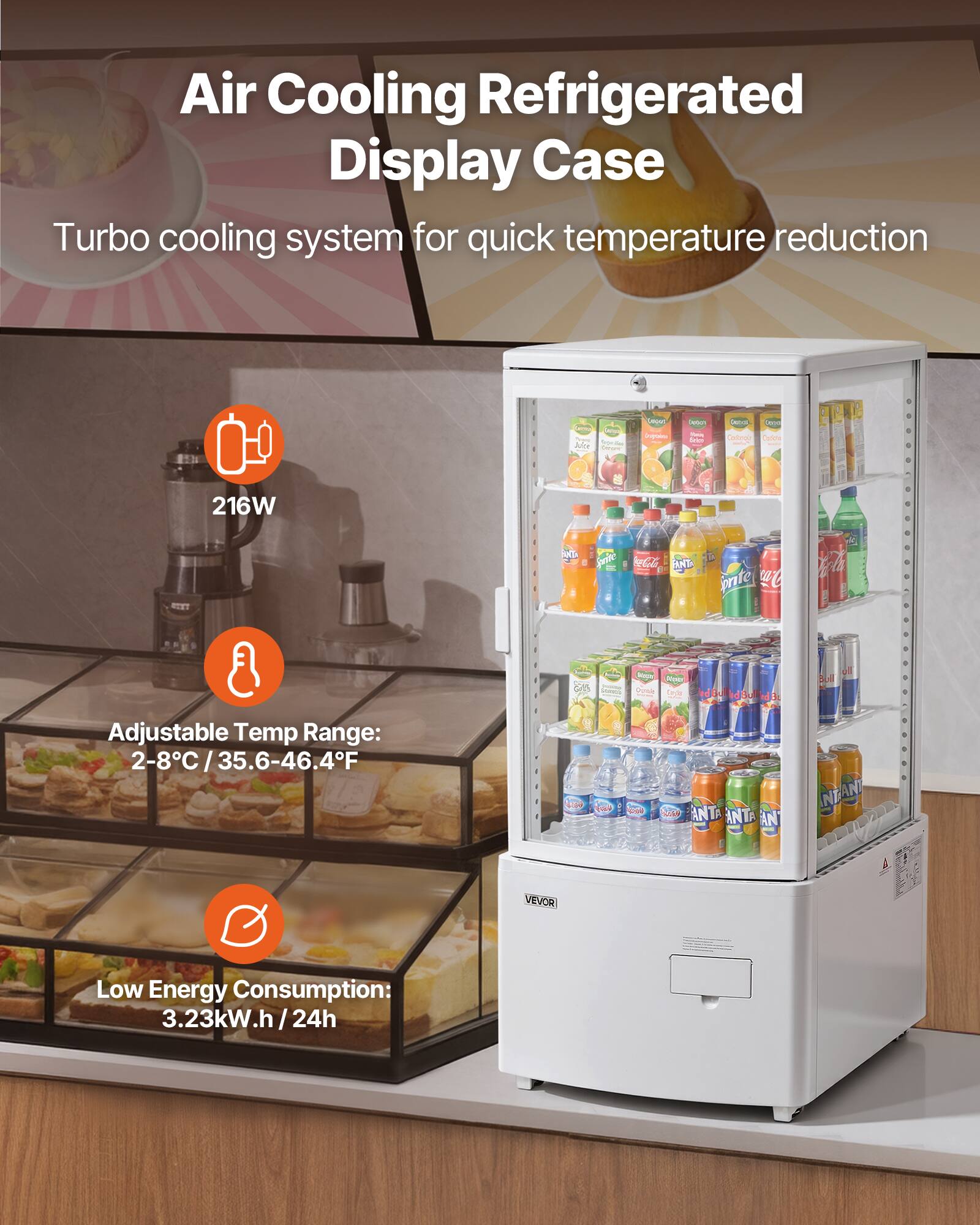 Air Cooling Refrigerated Display Case  
Turbo cooling system for quick temperature reduction  

- 216W  
- Adjustable Temp Range: 2-8°C / 35.6-46.4°F  
- Low Energy Consumption: 3.23kW.h / 24h