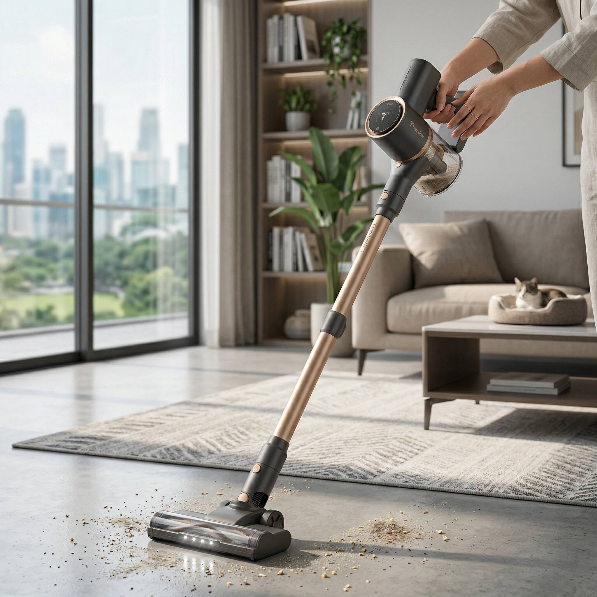 Left. Teendow - Cordless Stick Vacuum Cleaner, 250W Suction,35 Mins Runtime, Lightweight, 2 Power Modes, HEPA for Pet hair - Gold.