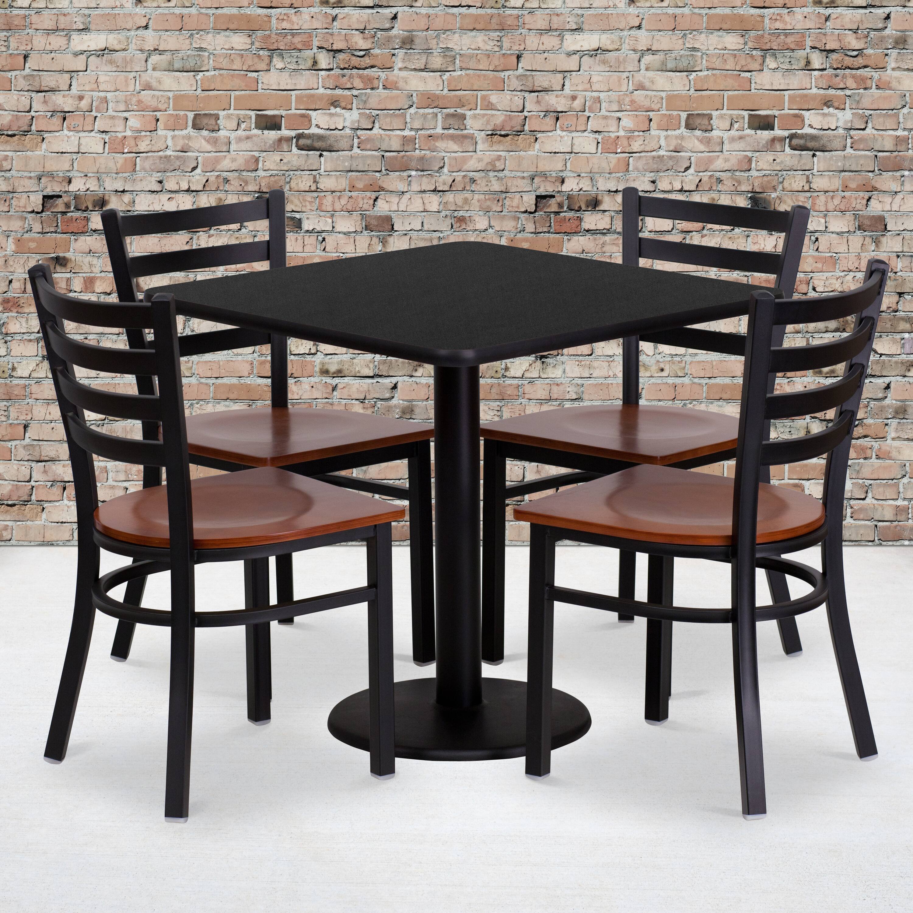 Alt View 1. Emma + Oliver - 30'' Square Laminate Table Set with 4 Ladder Back Metal Chairs - Black.