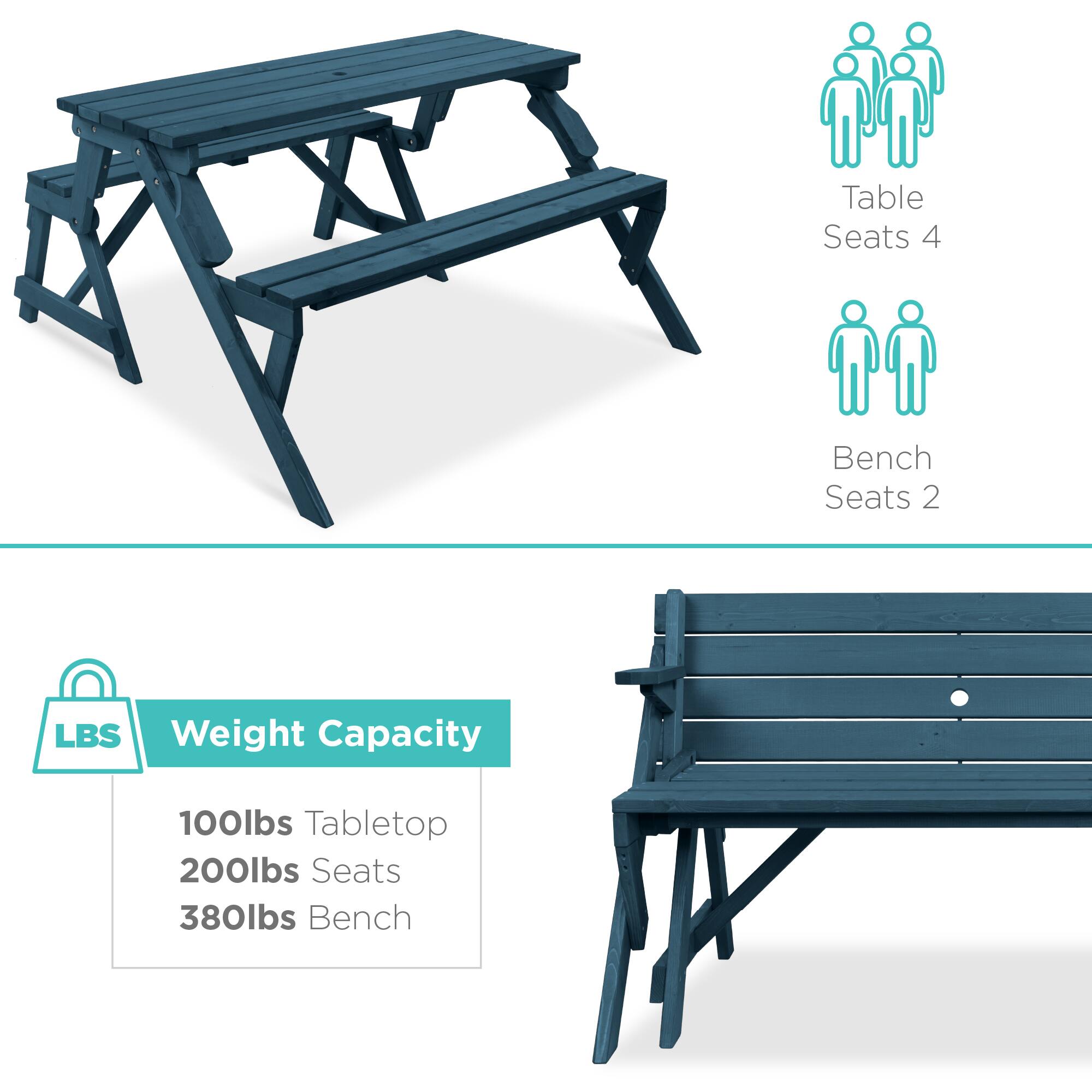 Table Seats 4  
Bench Seats 2  

Weight Capacity  
100lbs Tabletop  
200lbs Seats  
380lbs Bench