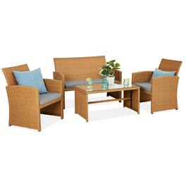 Best Choice Products - 4-Piece Outdoor Wicker Patio Conversation Furniture Set w/ Table, Cushions - Natural/Cement Gray