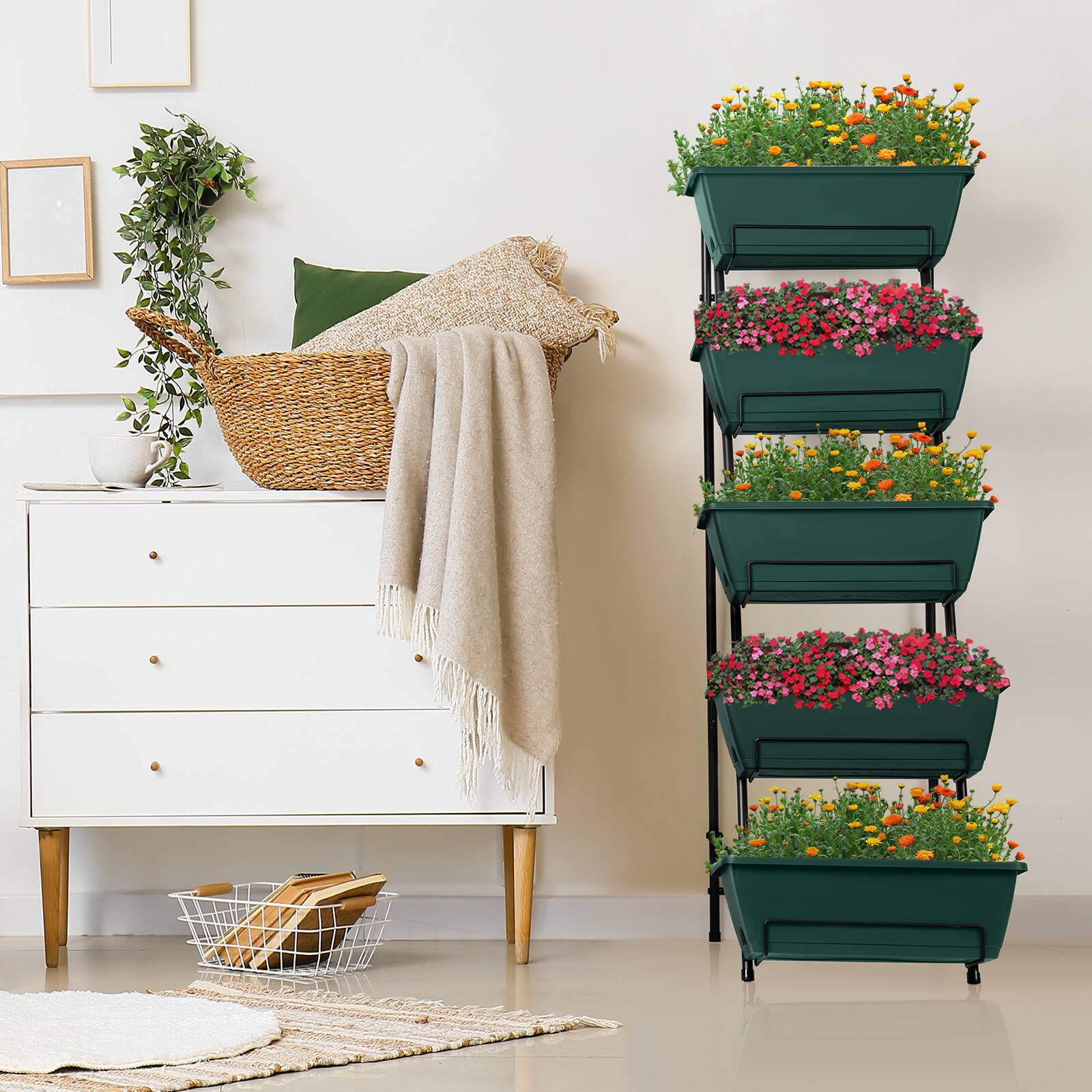 Alt View 1. Oumilen - 5-Tier Vertical Raised Garden Bed, Black Metal Plant Stand with 5 Green Planter Boxes for Patio Balcony Backyard.