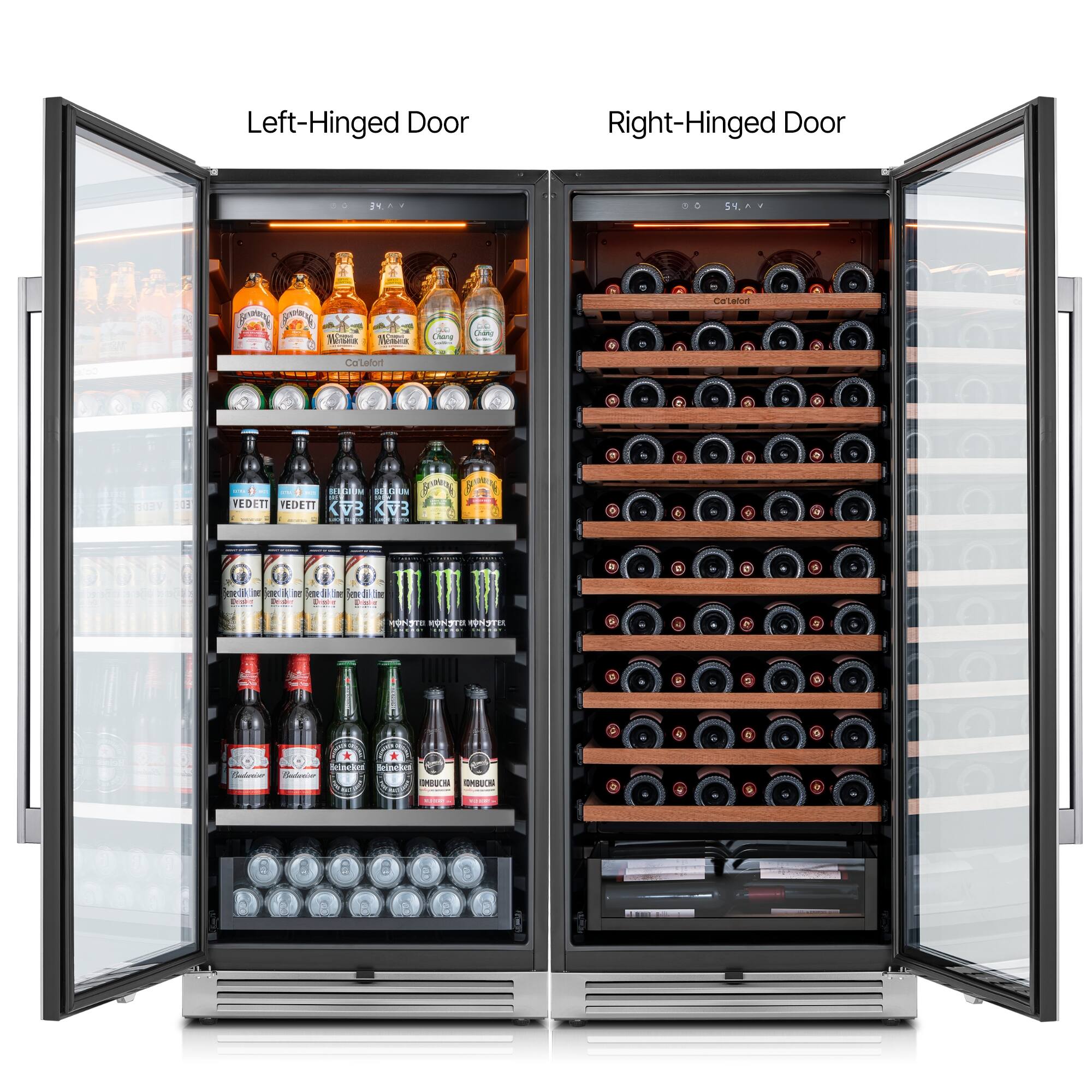 Left. Ca'Lefort - 48 inch Wine and Beverage Cooler Refrigerator 238 Cans +90 Bottle ,Built-In 3-Color LED Lighting,for Home Bar - stainless steel.