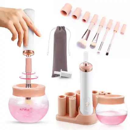 Front. HOM - Makeup Brush Cleaner - Automatic Makeup Brush Cleaner & Dryer with 8 Rubber Collars- Fits Most Brush Types - Black.