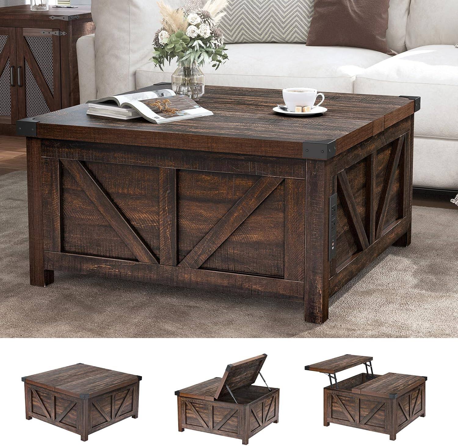 Alt View 4. Lent Glitter Wood - 35.6" Square Lift Top Coffee Table, Farmhouse Coffee Table with Storage & Charging Ports, Wood Center Table w/Large Hid - Brown.
