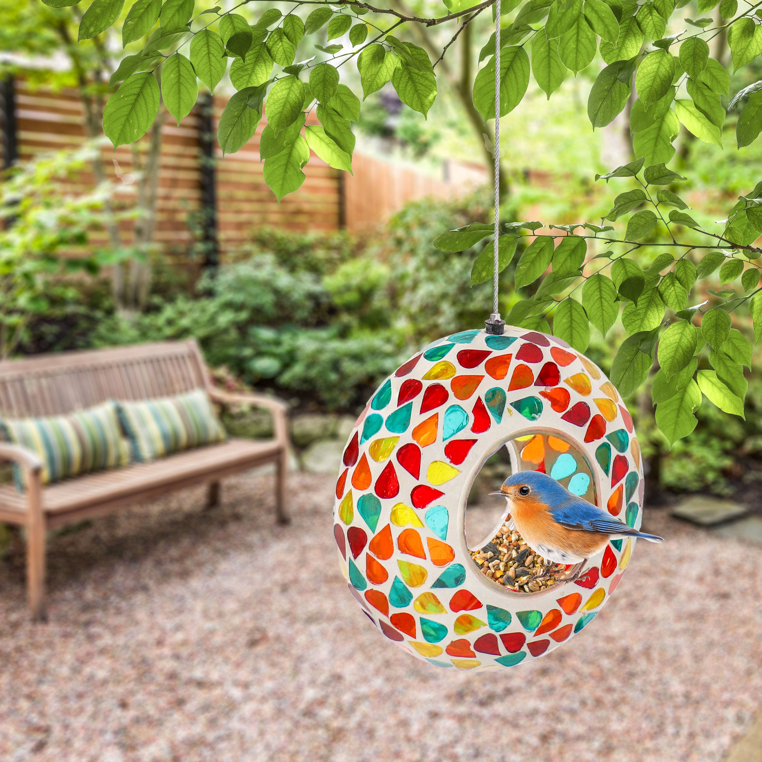 Alt View 8. Sunnydaze - Glass Fly-Through Hanging Bird Feeder - 6 in - Confetti Mosaic.