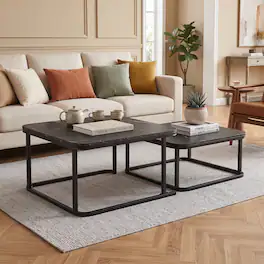 WELLFOR - Square Nesting Coffee Table Set of 2 with Faux Marble Top and Metal Frame, Coffee Table Set, Suitable for Living Rooms - Black