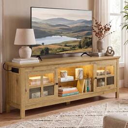 Aheaplus - 55.1'' Farmhouse TV Stand with Power Outlets and LED Lights, Wood Entertainment Center Fits TVs Up to 60 Inches - Yellow Oak