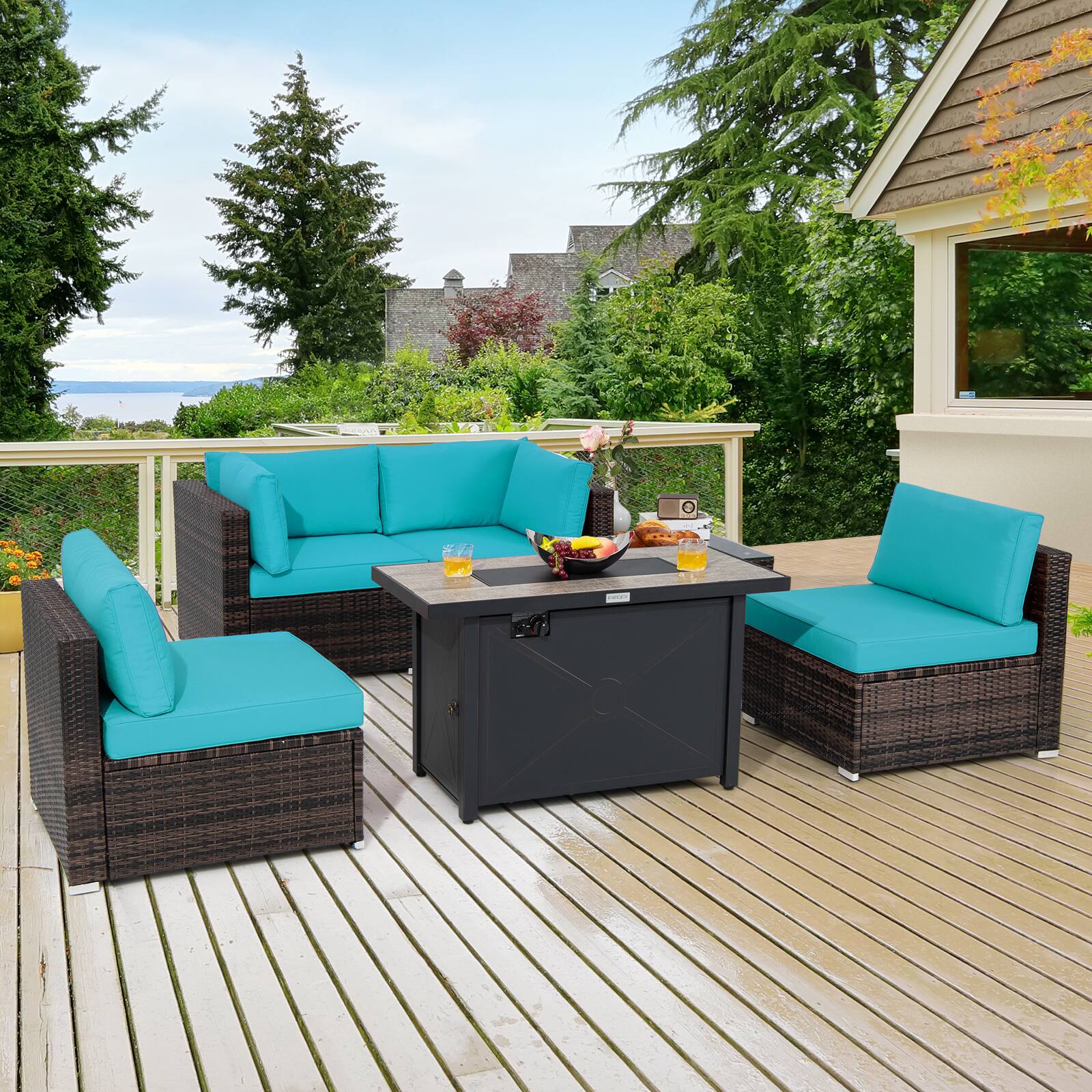 Alt View 1. Costway - Costway 6PCS Patio Furniture Set Rattan Cushioned Gas Fire Pit Table - Turquoise.