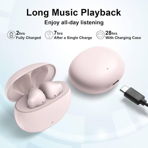 Long Music Playback  
Enjoy all-day listening  

- 2hrs Fully Charged  
- 7hrs After a Single Charge  
- 28hrs With Charging Case