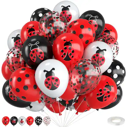 Front. Vulpecula Spade - Ladybug Balloons,12 Inch Ladybug Print Red Black White and Polka Dots Balloon with Red Black Confetti for Ladybug - Red and Black.