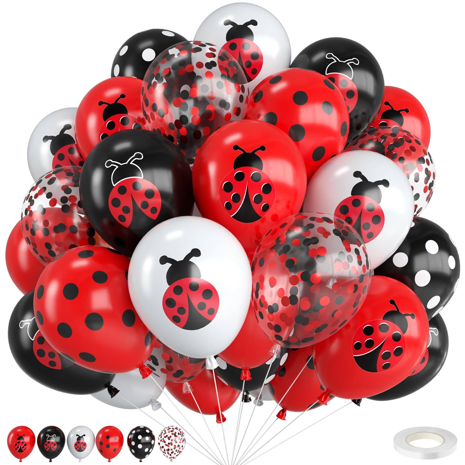 Front. Vulpecula Spade - Ladybug Balloons,12 Inch Ladybug Print Red Black White and Polka Dots Balloon with Red Black Confetti for Ladybug - Red and Black.