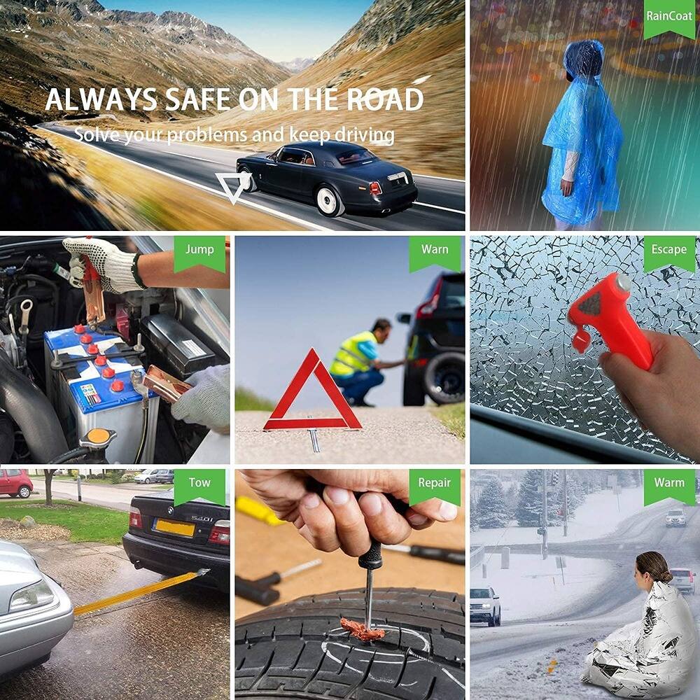 ALWAYS SAFE ON THE ROAD  
Solve your problems and keep driving  

RainCoat  

Jump  
Warn  
Escape  
Tow  
Repair  
Warm