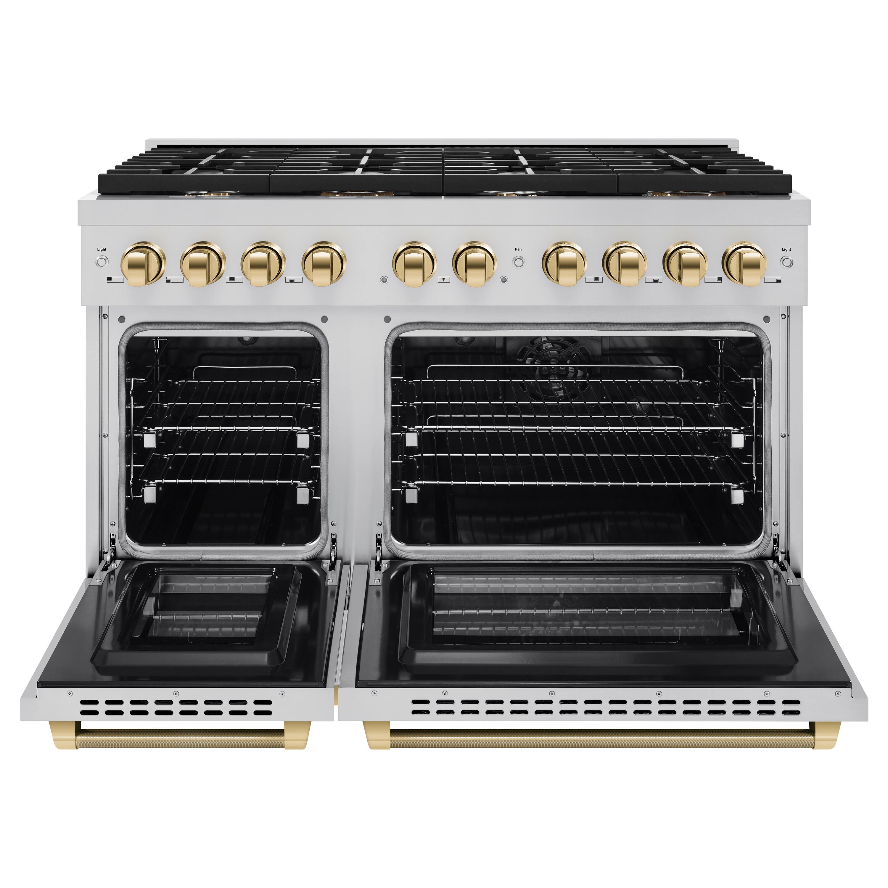 Angle. ZLINE - 48 in. Wide 8 Burner Autograph 6.7 cu. ft. Freestanding Paramount Dual Fuel Range with Gold Helix Handles - Stainless Steel.