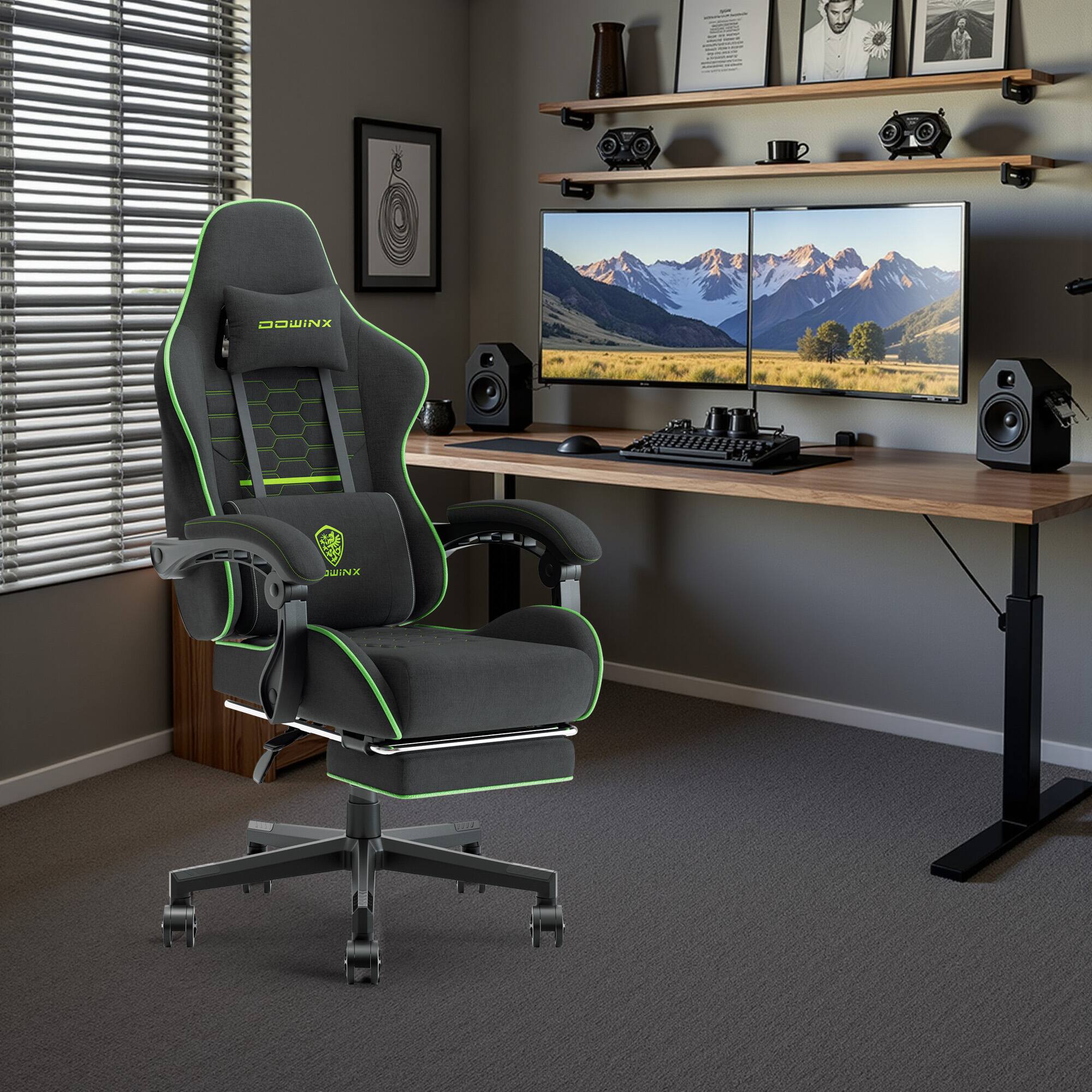 Alt View 3. Dowinx - Fabric Gaming Chair with Massage Lumbar Support, Ergonomic Office Chair with Adjustable Headrest and Footrest, 280LB. - Black Green.