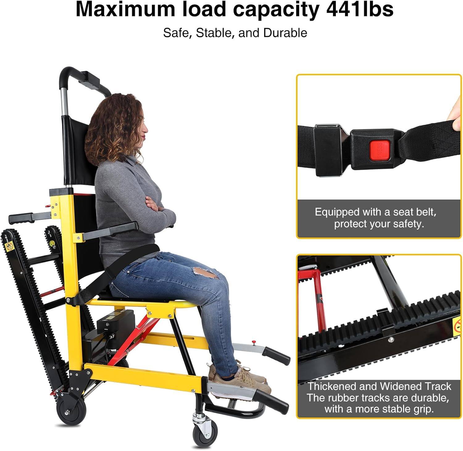 Maximum load capacity 441lbs  
Safe, Stable, and Durable  

Equipped with a seat belt, protect your safety.  

Thickened and Widened Track  
The rubber tracks are durable, with a more stable grip.