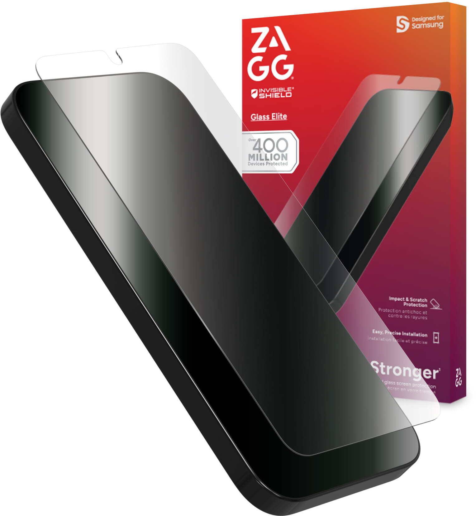 ZA GG INVISIBLE SHIELD Designed for S Samsung Glass Elite over 400 MILLION Devices Protected impact & Scratch Protection Protection antichoc contre les rayures Easy. Precise installation mate et précise Stronger glass screen protector