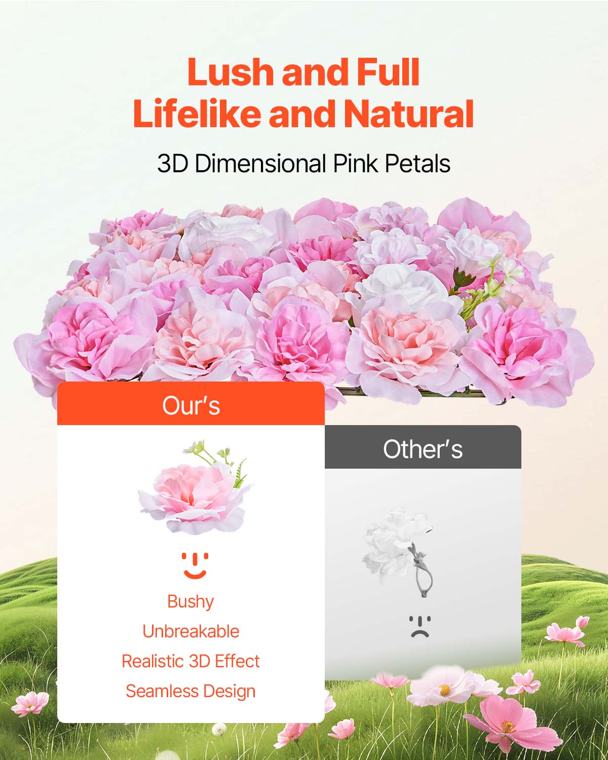 Lush and Full Lifelike and Natural 3D Dimensional Pink Petals

Our's: Bushy, Unbreakable, Realistic 3D Effect, Seamless Design
Other's: (no text)