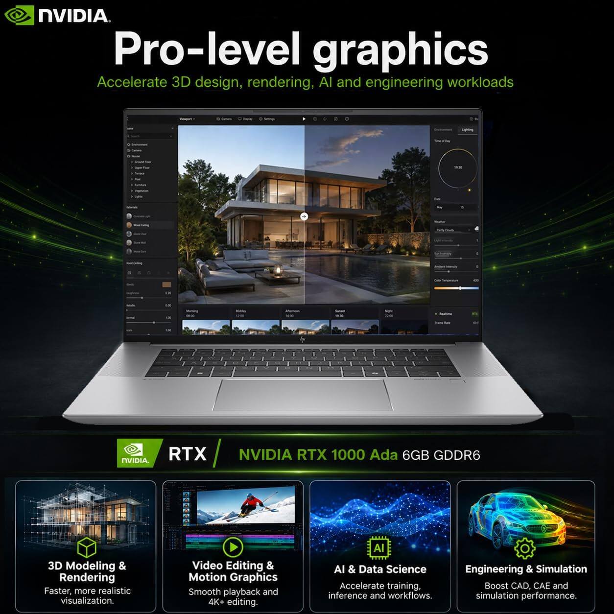 NVIDIA. Pro-level graphics Accelerate 3D design, rendering, AI and engineering workloads

NVIDIA RTX 1000 Ada 6GB GDDR6

3D Modeling & Rendering
Faster, more realistic visualization.

Video Editing & Motion Graphics
Smooth playback and 4K+ editing.

AI & Data Science
Accelerate training, inference and workflows.

Engineering & Simulation
Boost CAD, CAE and simulation performance.