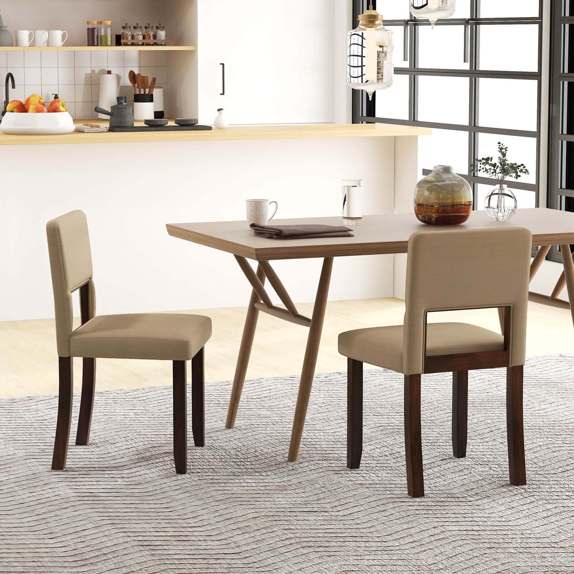 Back. Costway - Wooden Dining Chair Set of 2 with Acacia Wood Frame Padded Seat & Back Home - Beige+Brown.
