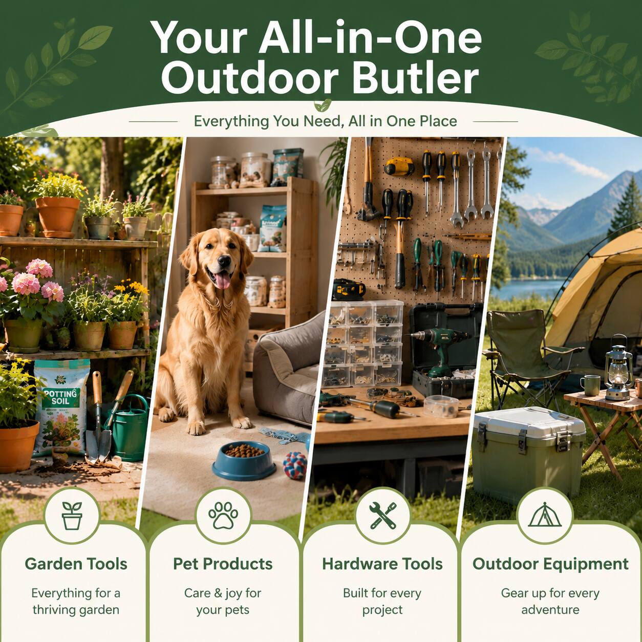 Your All-in-One Outdoor Butler  
Everything You Need, All in One Place  

POTTING SOIL  
Garden Tools  
Everything for a thriving garden  

Pet Products  
Care & joy for your pets  

Hardware Tools  
Built for every project  

Outdoor Equipment  
Gear up for every adventure