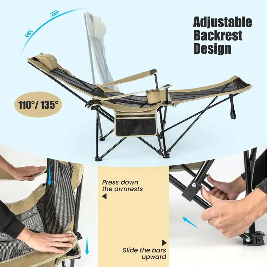Adjustable Backrest Design: 110/135 Press down the armrests Slide the bars upward