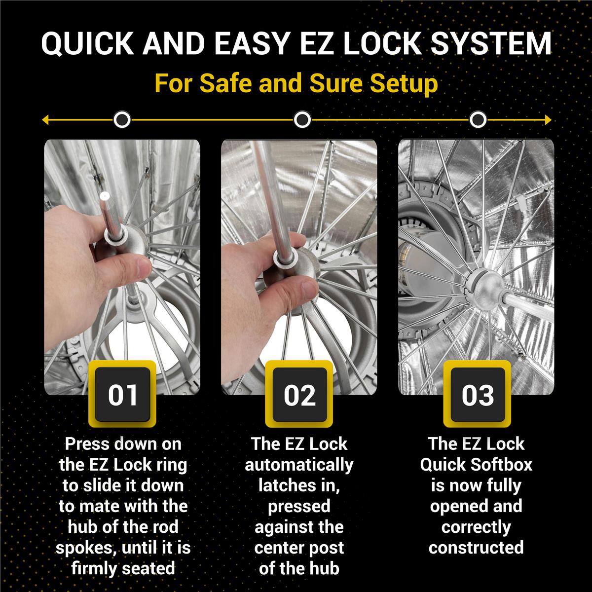 QUICK AND EASY EZ LOCK SYSTEM  
For Safe and Sure Setup

01  
Press down on the EZ Lock ring to slide it down to mate with the hub of the rod spokes, until it is firmly seated

02  
The EZ Lock automatically latches in, pressed against the center post of the hub

03  
The EZ Lock Quick Softbox is now fully opened and correctly constructed