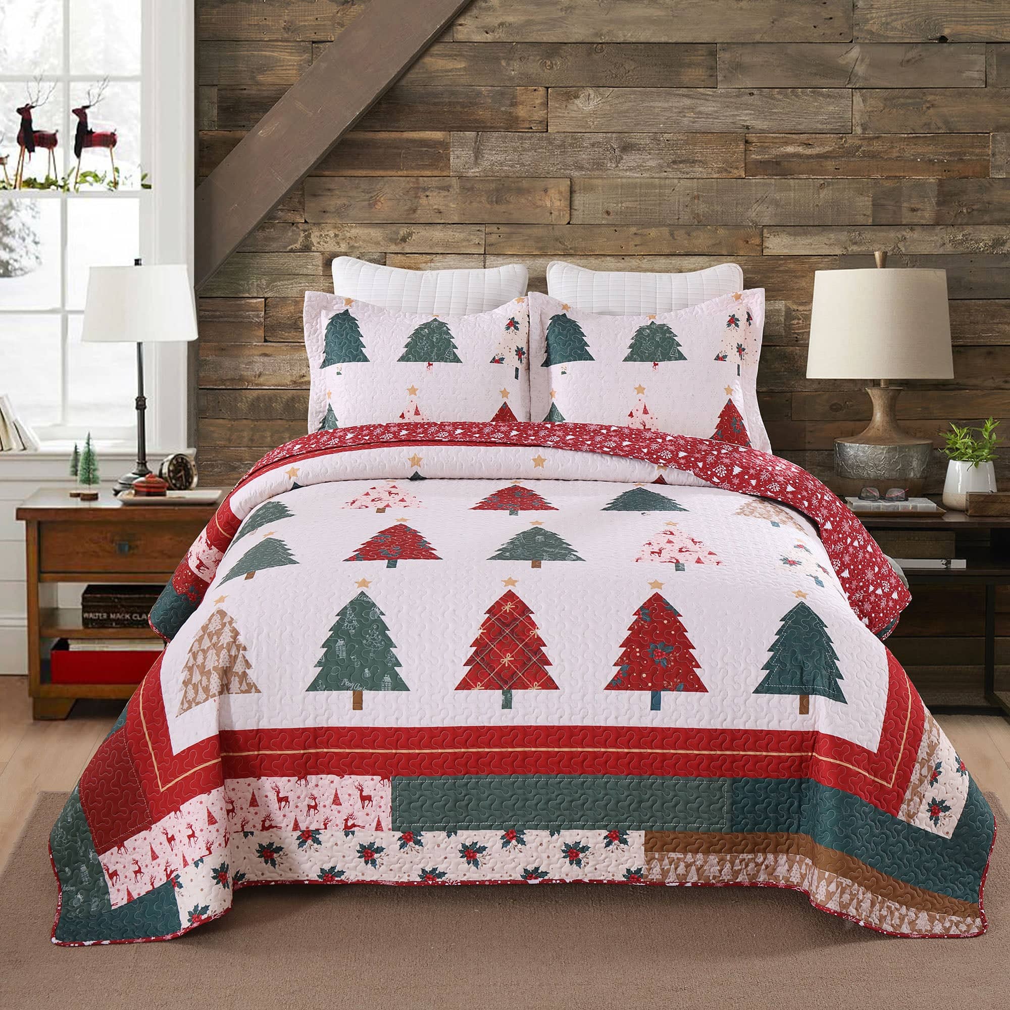 MarCielo - 3 Pcs Forest Christmas Tree Polyester Quilt Bedspread Set - Red