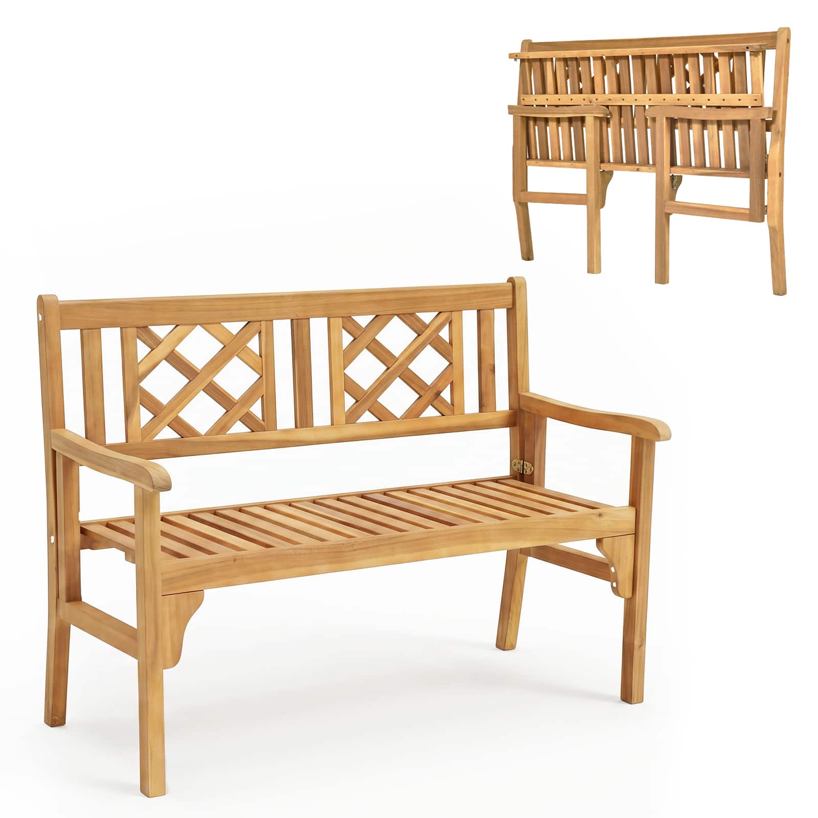 Costway - Patio Outdoor Solid Wood Bench Folding Loveseat Chair Park Garden Deck Furniture - Teak